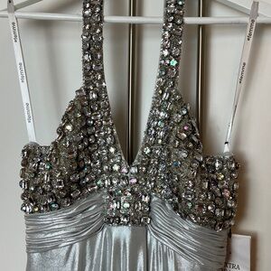 Vintage Le Femme Paris Evening PartyGown Maxi Silver Dress Colorful Rhinestones